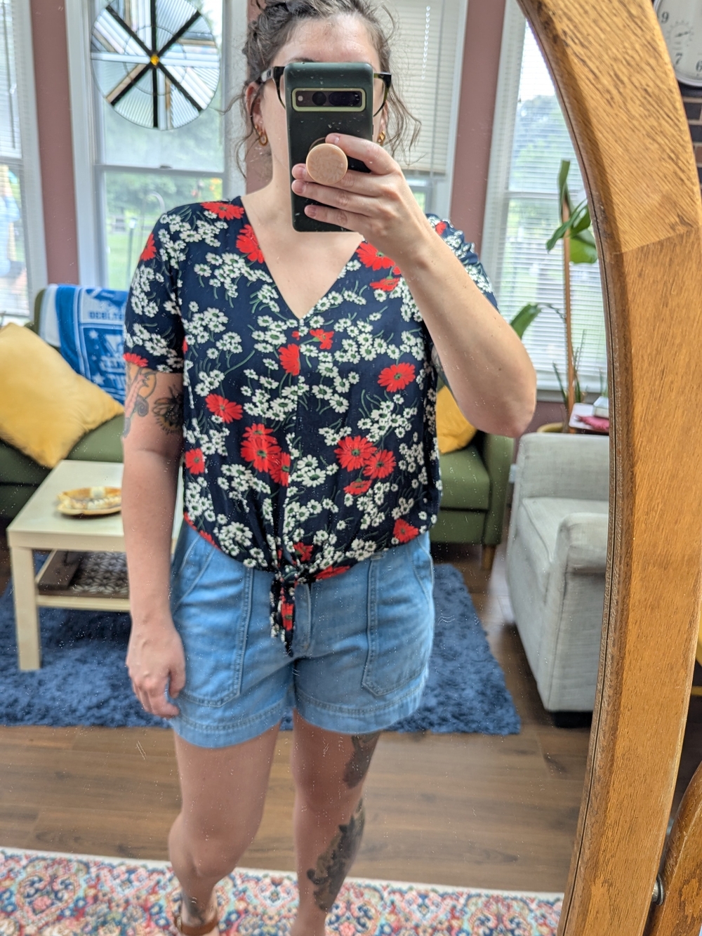 Madewell Navy Floral Tie-Front Blouse with Red and Cream Flowers